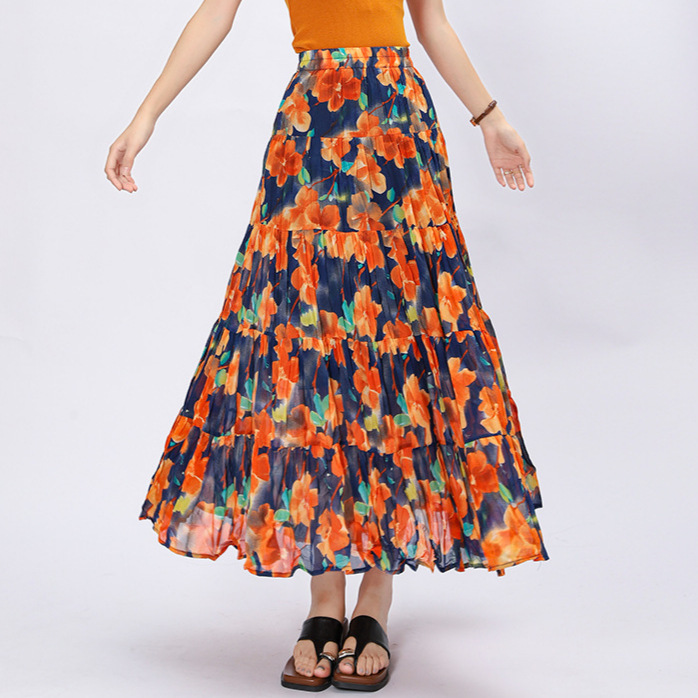 Chenyu High-Waisted Versatile Wrinkled Printed Skirt for Women Summer New Floral Double Pocket Pleated A-Line Skirt