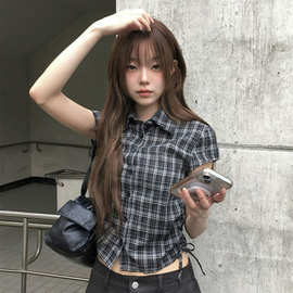 法式复古温柔风衬衫格子印花褶皱POLO领显瘦夏季新款上衣女
