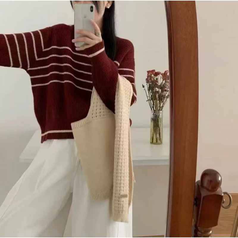 Korean Style Sea Collar Scarf Lazy Style Striped Pullover Sweater for Women Loose Design Knitted Sweater Autumn and Winter New Versatile Korean Style Sea Collar Scarf Lazy Style Striped Pullover Sweater for Women Loose Design Knitted Sweater Autumn and Winter New Versatile