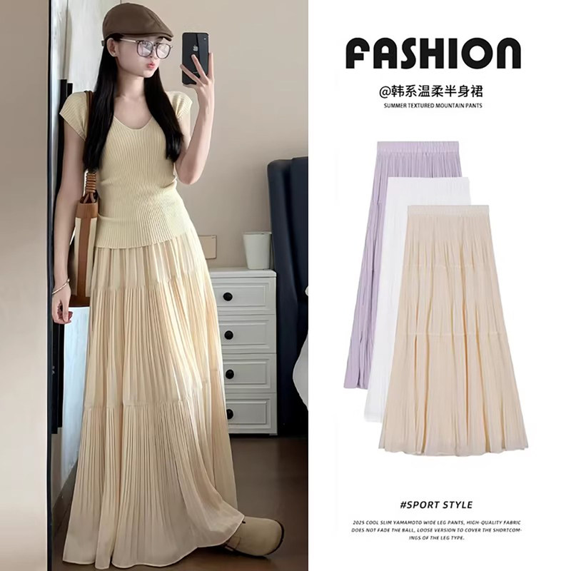 Chiffon Pleated Skirt for Women, Spring and Summer High-Waisted A-Line Drapey Mesh Skirt, Mid-Length Gentle Cake Skirt Chiffon Pleated Skirt for Women, Spring and Summer High-Waisted A-Line Drapey Mesh Skirt, Mid-Length Gentle Cake Skirt