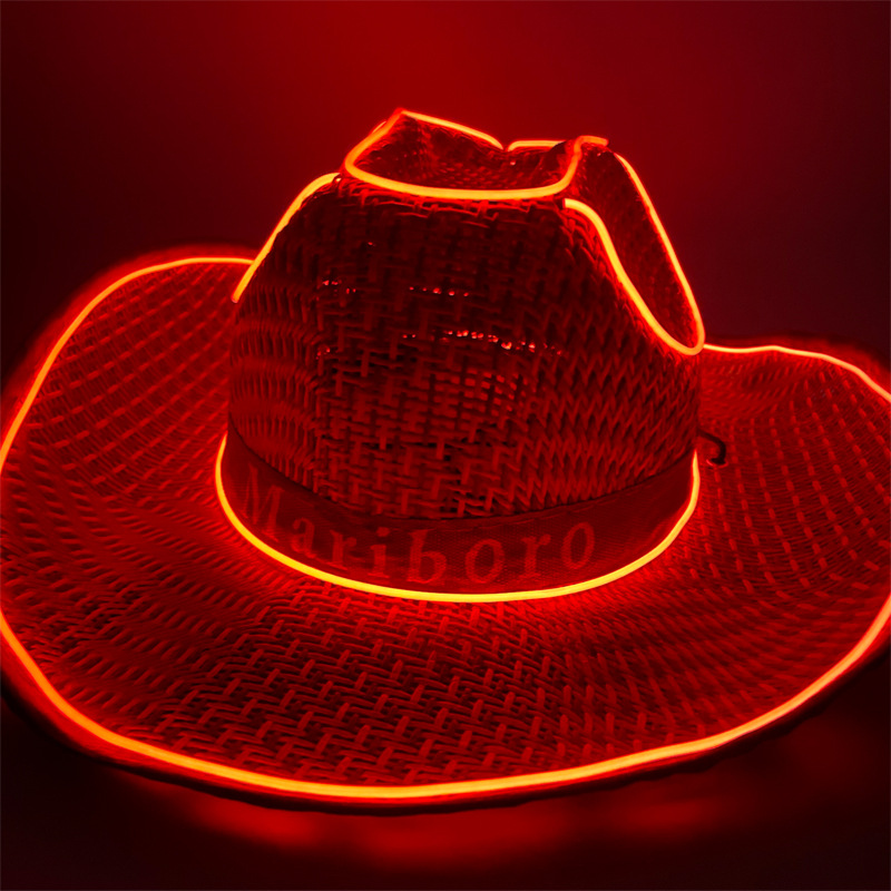 #614-2 3V无线款-草帽发光牛仔帽(翘沿酒红)(红色)