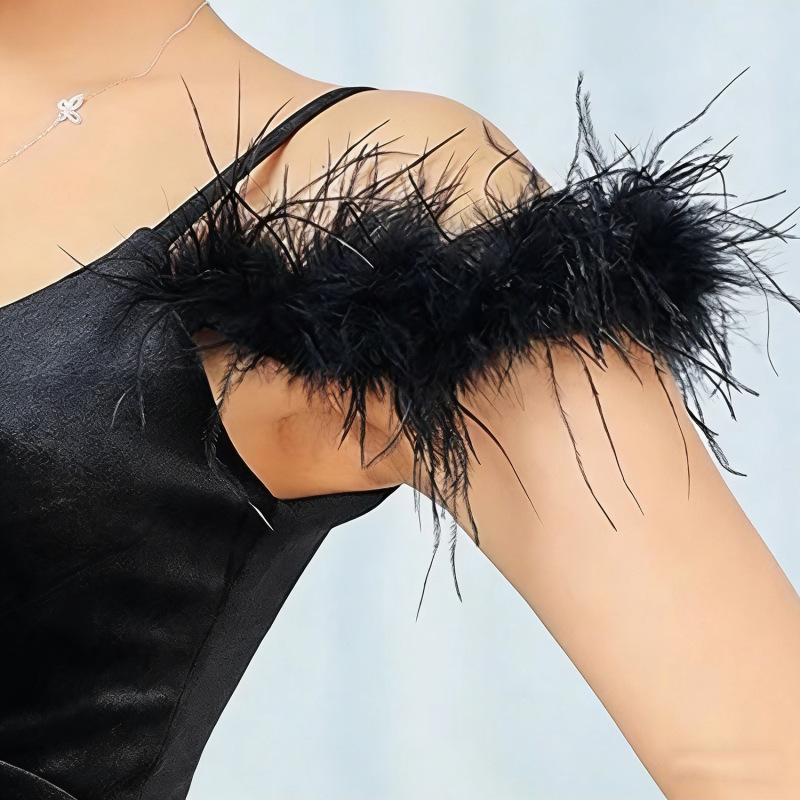 2026 New Model Foreign Trade European and American Style Sexy Spaghetti Strap Dress with High-End Elegant Ostrich Feather Detachable Shoulder Straps and Off-The-Shoulder Sleeves 2026 New Model Foreign Trade European and American Style Sexy Spaghetti Strap Dress with High-End Elegant Ostrich Feather Detachable Shoulder Straps and Off-The-Shoulder Sleeves