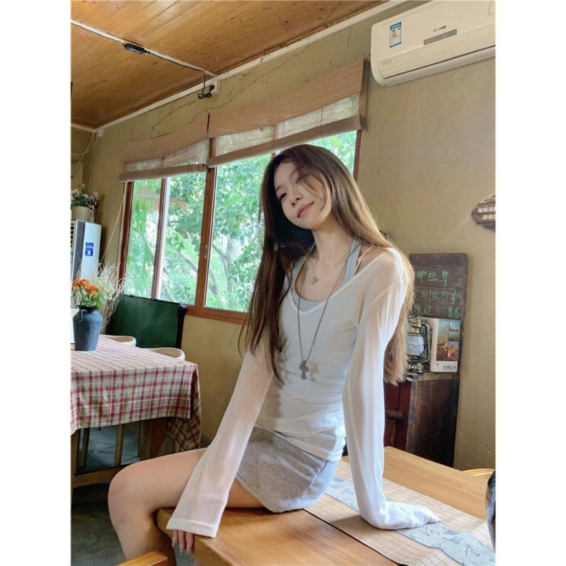 夏ニッチインナーホルターベストトップファッションツーピースピュアセックススタイルスーツVネック薄手ブラウスTシャツ女性用|undefined