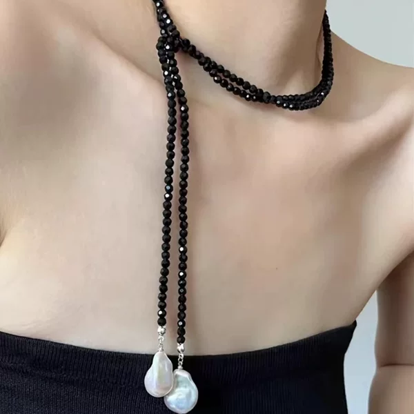 French Retro Niche Design Special-Shaped Pearl Black Crystal Necklace Ins Style Multiple Wearing Methods Long Clavicle Chain