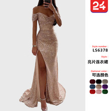 跨境2025欧美新款聚会亮片一字领开叉连衣裙 INS休闲时尚连衣裙女