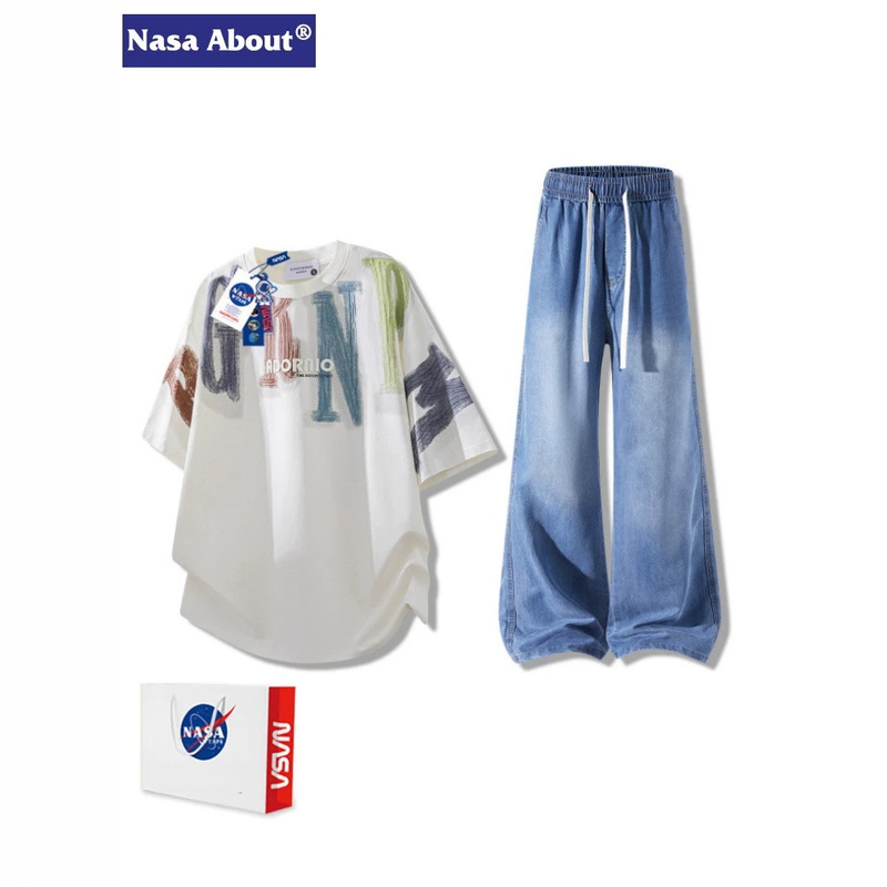 Nasa about Summer Cool Letter-Printed T-Shirt and Jeans Set for Men, Loose and Breathable Casual Two-Piece Set