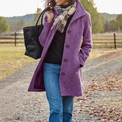 Autumn and winter cross-border European and American new women's clothing independent station retro medium-length solid color women's woolen coat for women