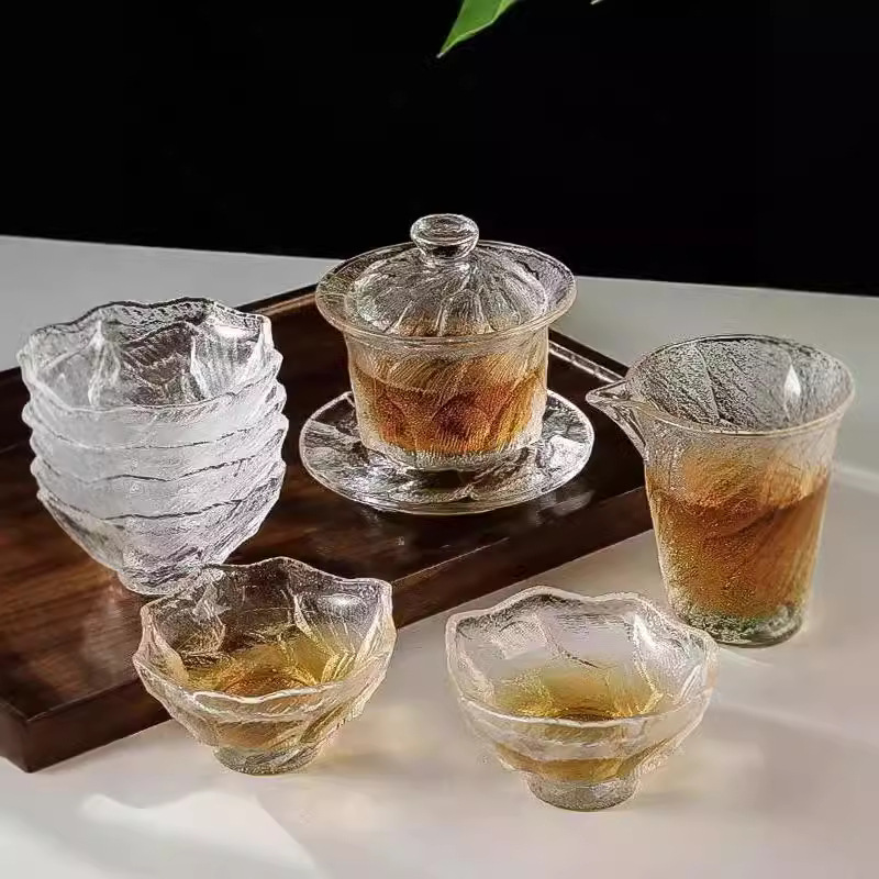쑤언 빙 유리 티 컵 페어 컵 커버 세트 일본식 홈 쿵푸 티 세트 액세서리 차 시음 컵