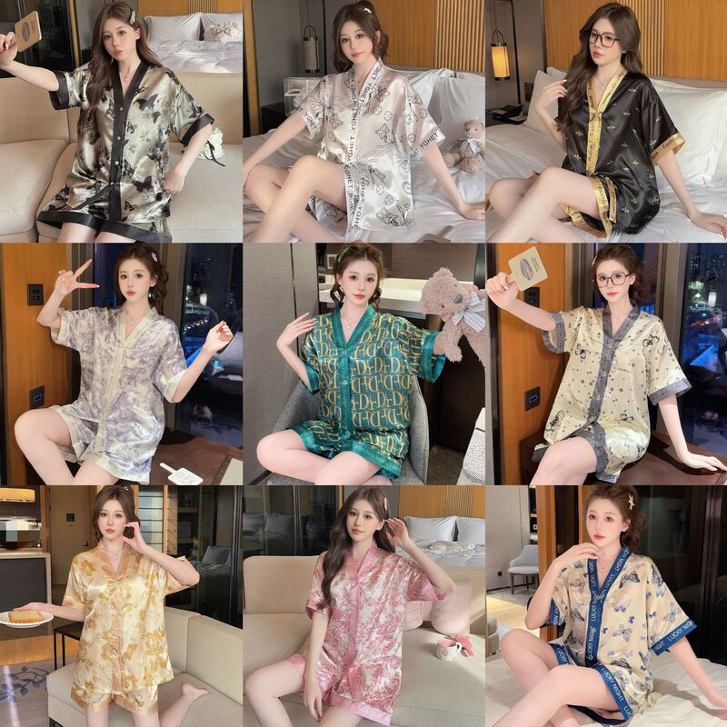 Amazon Foreign Trade Cross-border Hot Ice Silk Pajamas Summer Short-sleeved Shorts Women's Thin Home Clothes suit Large Discount