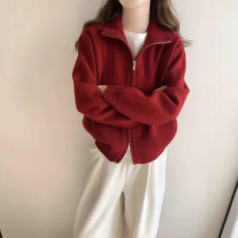 ダブルジッパーレッドセーターカーディガンジャケット女性の春と秋のアウターウェア韓国スタイル怠惰なスタイルソフトワックスルーズセータートップ|undefined