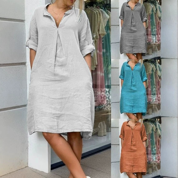 2026 Amazon European and American Cross-Border New Women's Clothing Casual V-Neck Discounted Long-Sleeve Solid Color Multi-Color Women's Dress