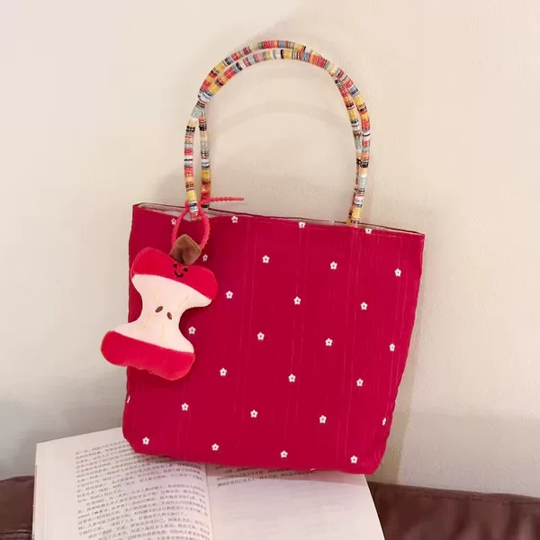 Red Flower Wedding Souvenir Canvas Bag for Women 2025 New Style Contrasting Color Commuter Tote Shopping Bag Large Capacity