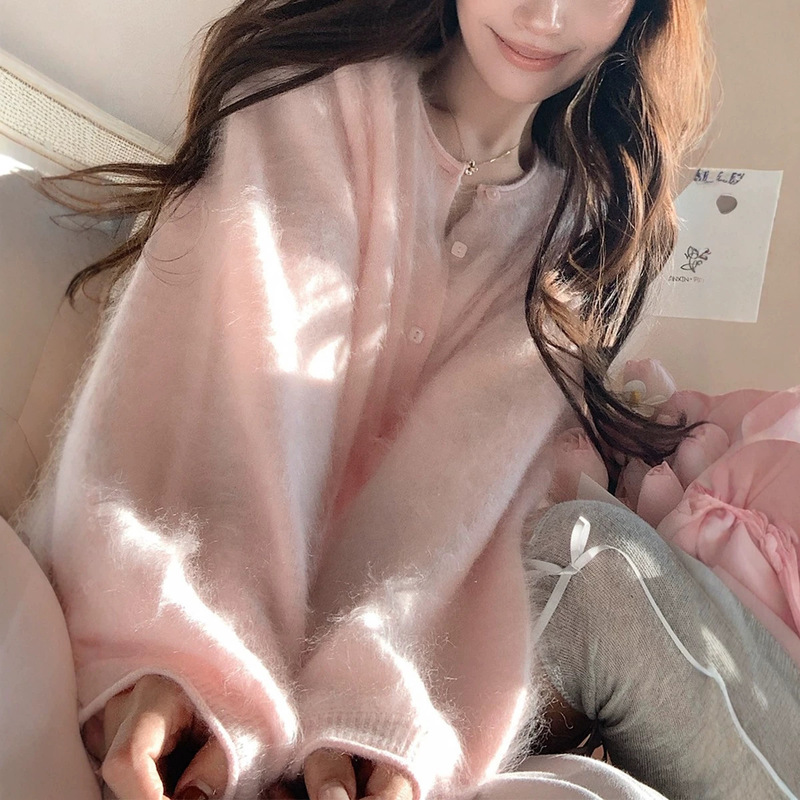 In-Stock Cloud Velvet Soft-Touch 100% Cashmere Brushed Pink Knitted Cardigan Lantern Sleeve Jacket for Women In-Stock Cloud Velvet Soft-Touch 100% Cashmere Brushed Pink Knitted Cardigan Lantern Sleeve Jacket for Women