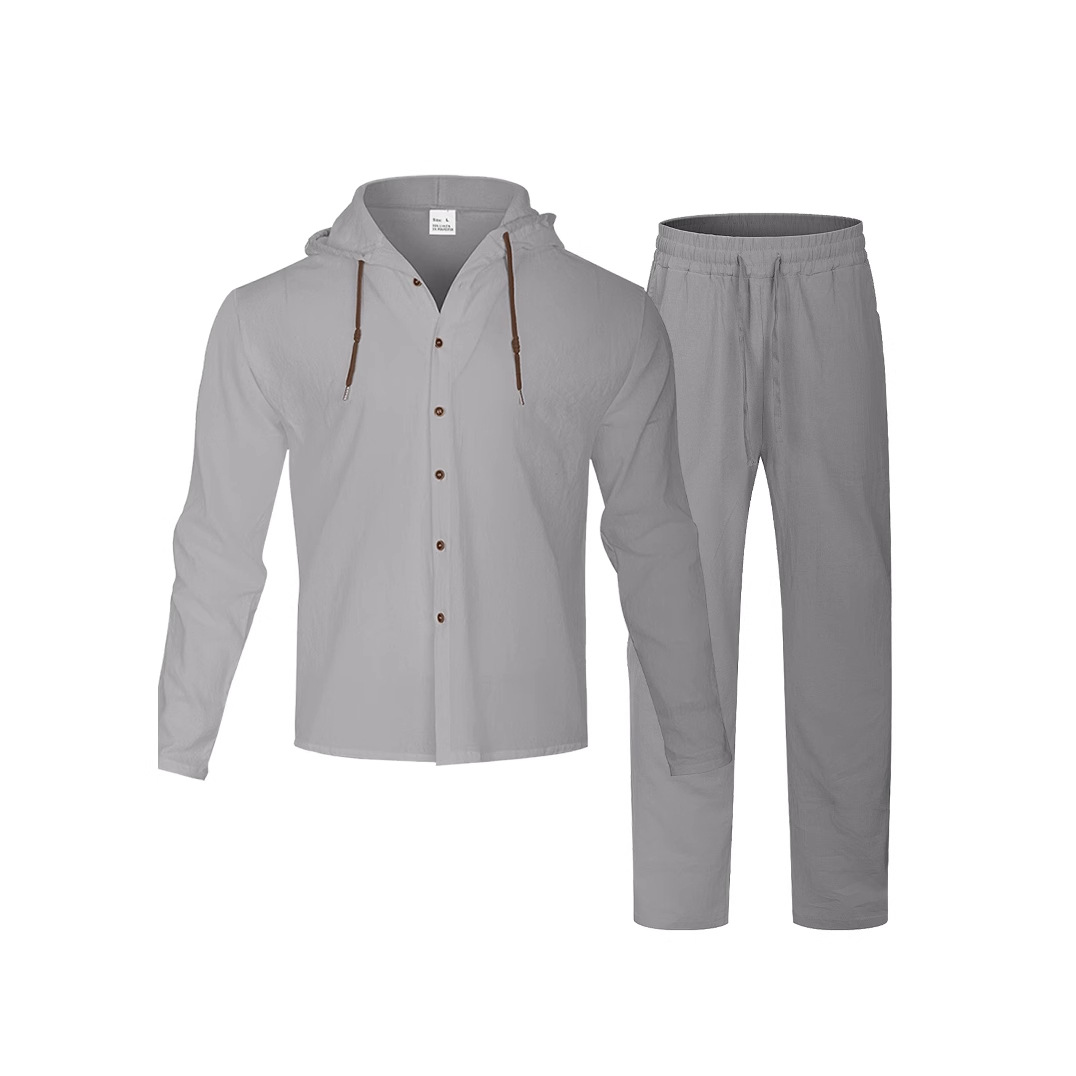 Camisa casual de manga larga de color sólido para hombres europeos y americanos transfronterizos Cárdigan de algodón y lino con cordón con capucha Traje de pantalones de algodón y lino sueltos