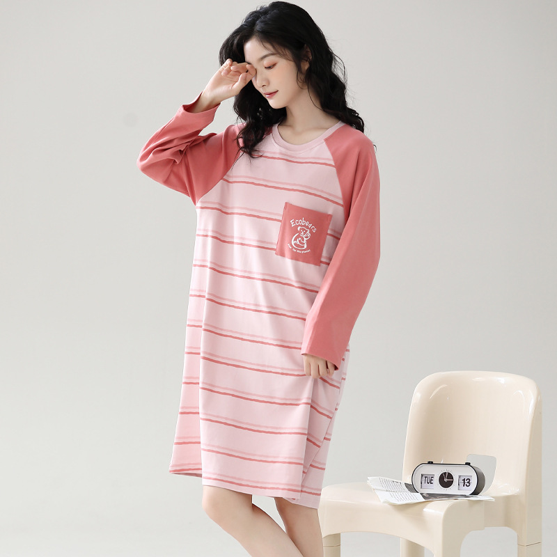 Camisón con almohadilla en el pecho Otoño e Invierno de las mujeres de manga larga de algodón puro pijamas de niña linda al por mayor de fábrica dulce directo se puede usar fuera