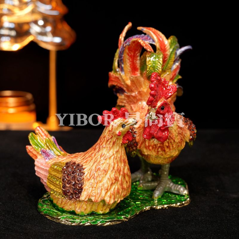 锌合金珐琅首饰盒手工艺品国风装饰中式凤尾公鸡母鸡一对家居摆件|undefined