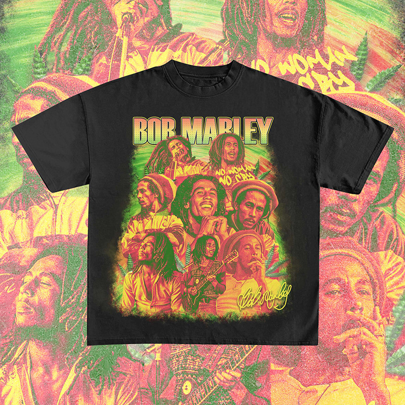 Reggae Music Star Bob Marley American Style Vintage Printed Cotton Street Round Neck Summer Universal T-Shirt