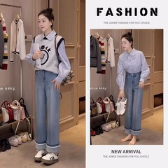 春の小香風は女性2025の新しい韓国版シャツ漫画ニット馬甲ジーンズの3点セットを着ている