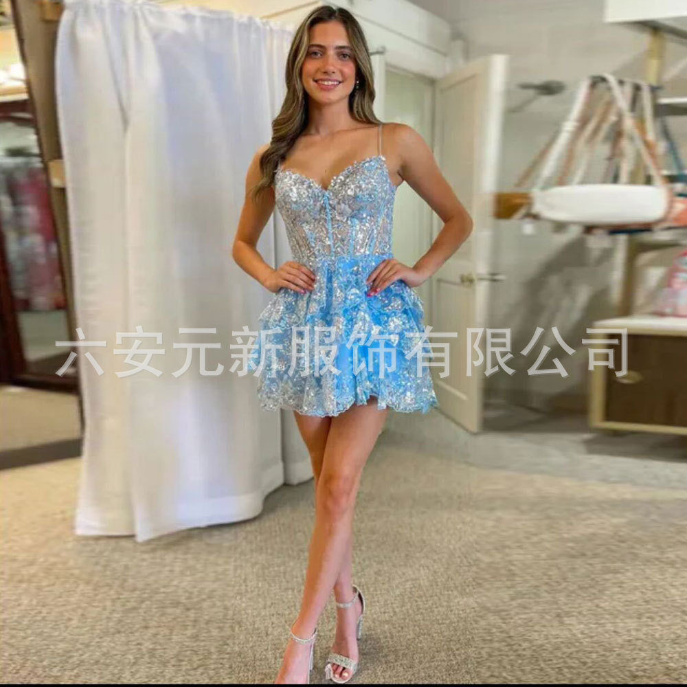Europa y América del Comercio Exterior Amazon AliExpress estación independiente deseo lentejuelas de encaje apliques pequeña falda banquete vestido la liga