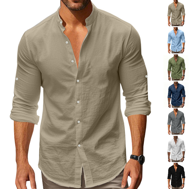 Nuevo Amazon algodón transfronterizo camisa de cuello largo hombre comercio exterior transpirable cuello Henry Casual American Top