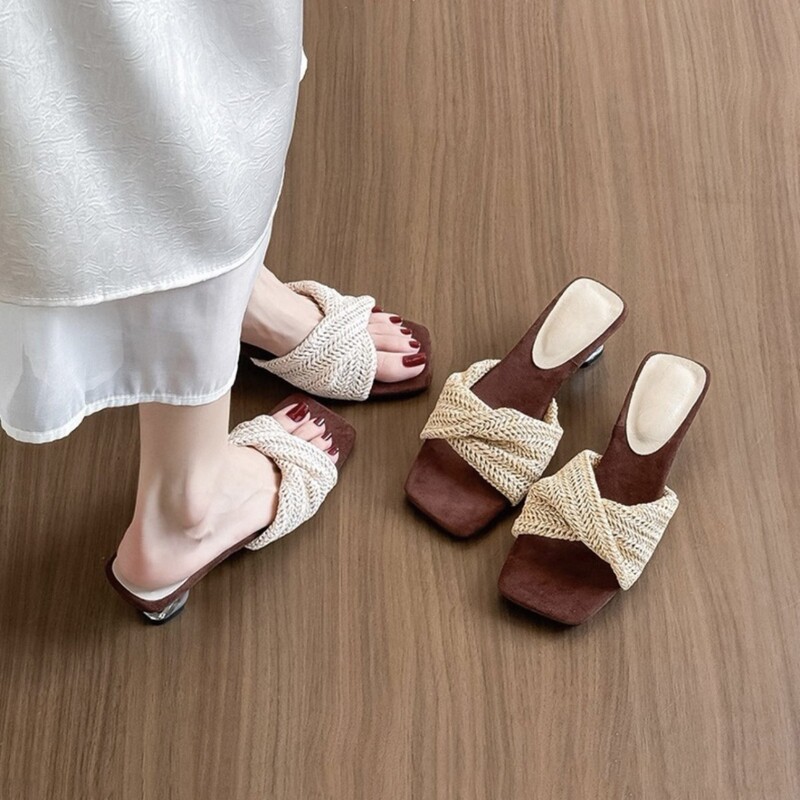 Sheepskin Version ~ French Braided Square Toe Open-Toe High-Heeled Slippers for Women 2025 Summer New Niche Vacation Beach Shoes