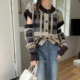 2025早秋洋气两穿撞色针织衫新款外穿百搭设计感露肩毛衣长袖上衣