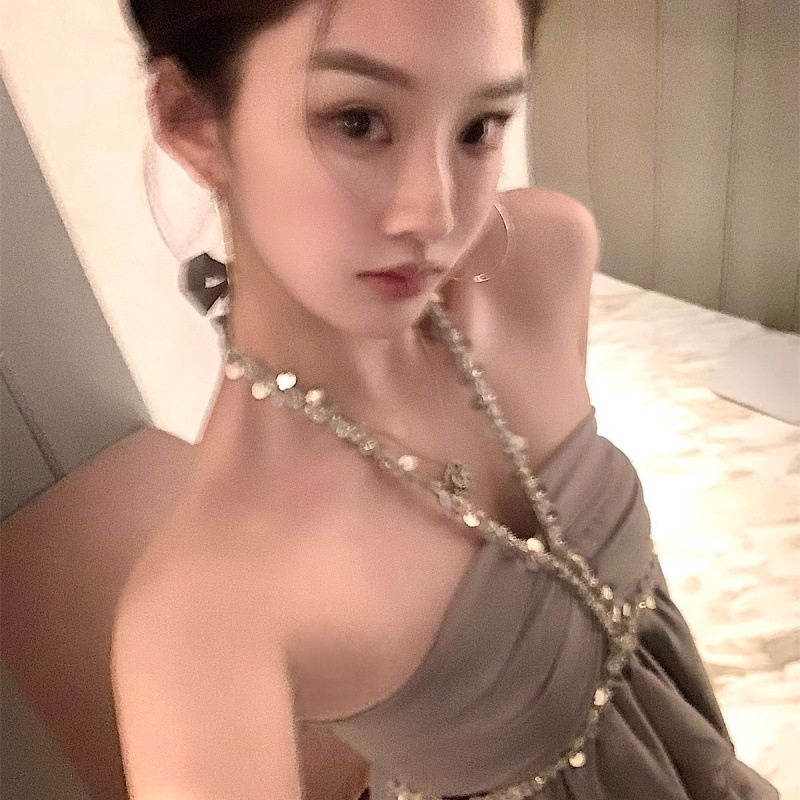 Kikimy 【vtg银河灰迹】手工亮片挂脖上衣连衣裙女夏短款裙子|undefined