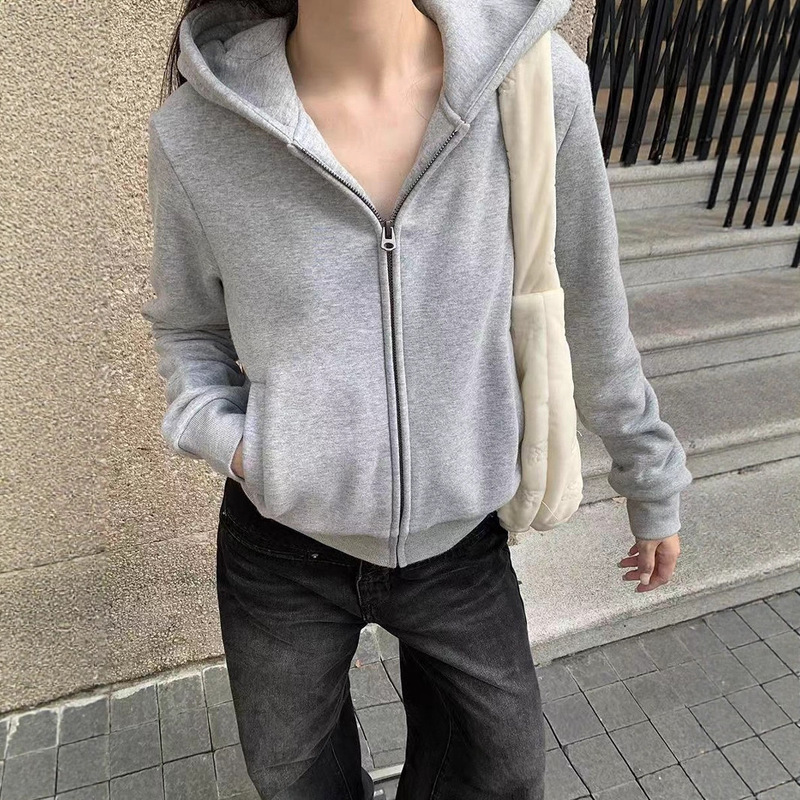 2026 New Autumn Gray Solid Color Versatile Hooded Sweatshirt Women's Double Zipper Cardigan Jacket Autumn and Winter Slimming 2026 New Autumn Gray Solid Color Versatile Hooded Sweatshirt Women's Double Zipper Cardigan Jacket Autumn and Winter Slimming