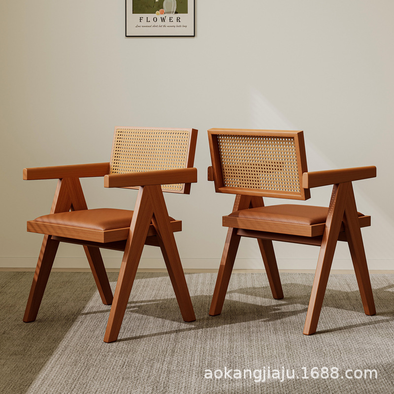 Solid Wood Dining Chair Household Ancient Style Chandigarh Chair with Silent Style Soft Bag Armrest Backrest Chair Casual Rattan Chair