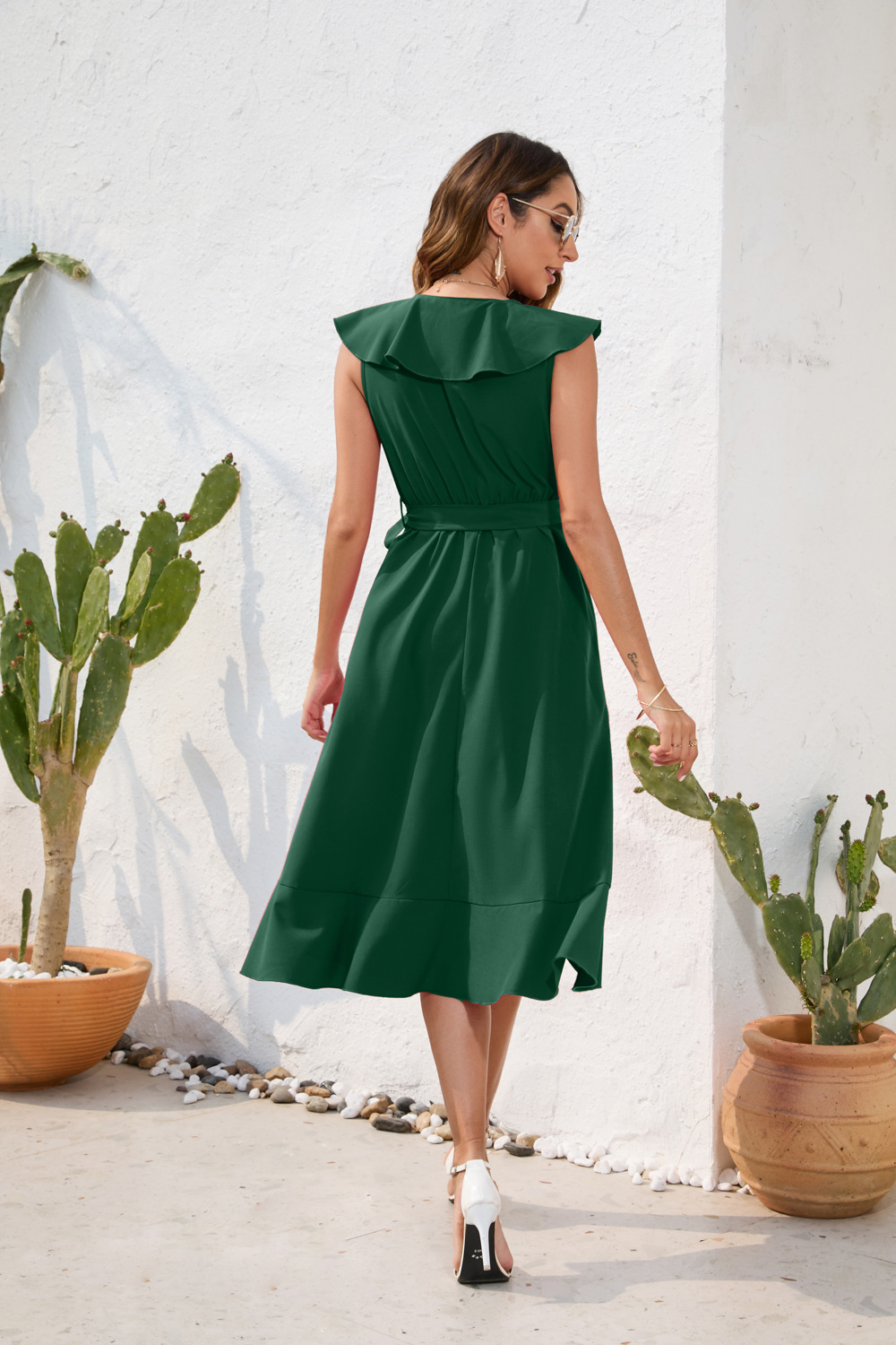Women Clothing Waist Tight Sexy V neck Dress Casual Vacation Travel Solid Color Dress Sleeveless Split