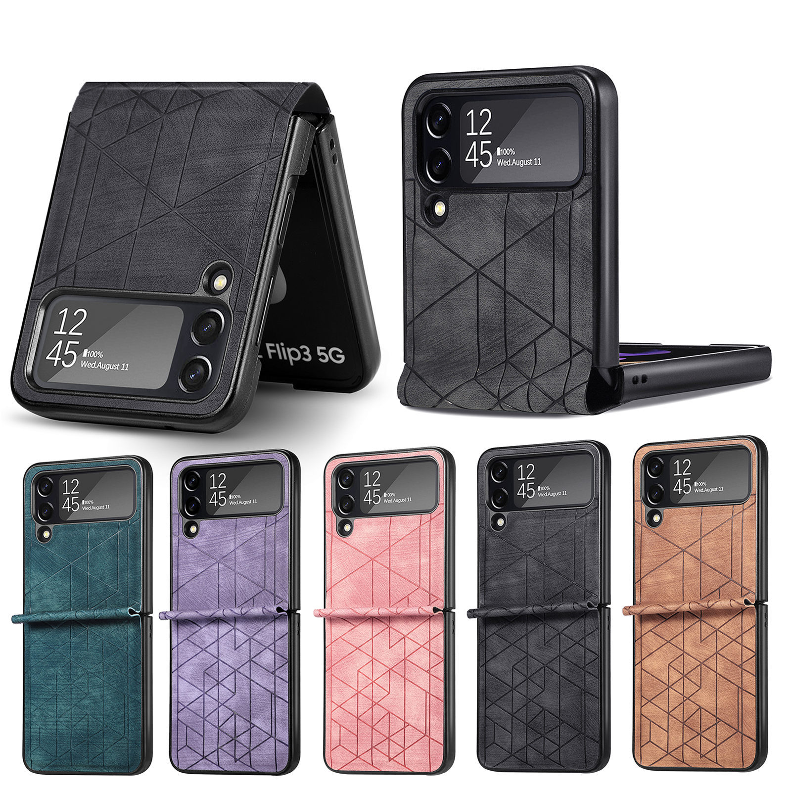 新款三星GalaxyZ Flip4几何连体手机壳pc材质条纹折叠屏手机皮套