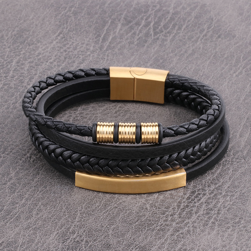 Cross, Rectangle Pattern Fashion Cross Rectangle Stainless Steel Pu Leather Braid Men's Bracelets Men Cord & Leather Bracelets