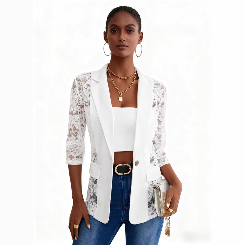 European and American Style Women's Lace Blazer, Front-Opening, Buttoned, Sheer Mesh, Elegant Three-Quarter Sleeves, Casual Blazer European and American Style Women's Lace Blazer, Front-Opening, Buttoned, Sheer Mesh, Elegant Three-Quarter Sleeves, Casual Blazer