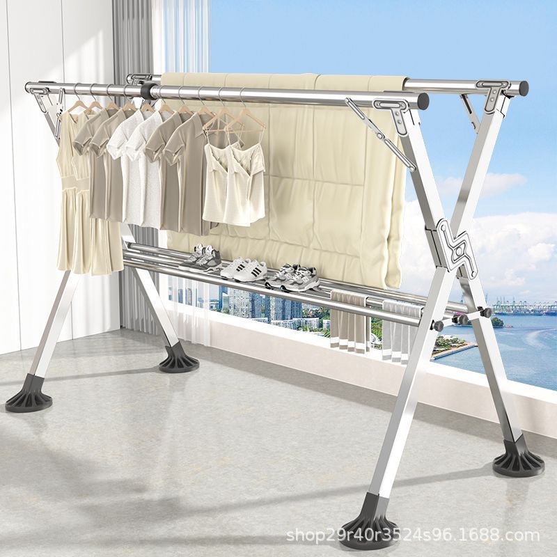 Thickened windproof stainless steel floor folding clothes hanger bedroom balcony retractable clothes hanger dormitory clothes pole
