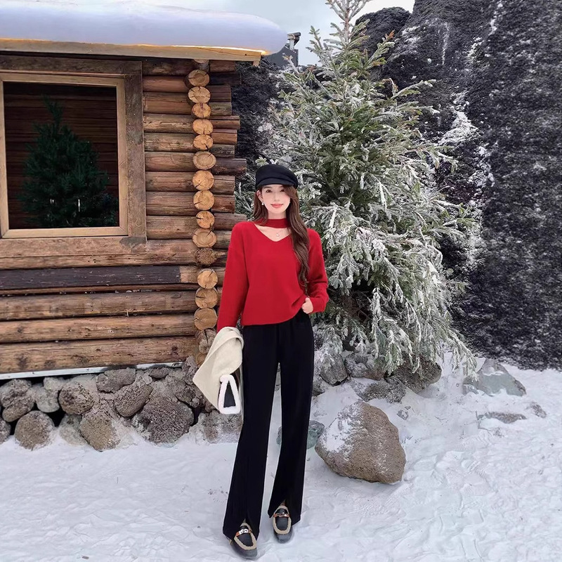 Women's 2025 New Fleece-Lined Pants for Autumn and Winter, Petite Split Narrow Straight-Leg Split Velvet Flared Thickened Long Pants Women's 2025 New Fleece-Lined Pants for Autumn and Winter, Petite Split Narrow Straight-Leg Split Velvet Flared Thickened Long Pants