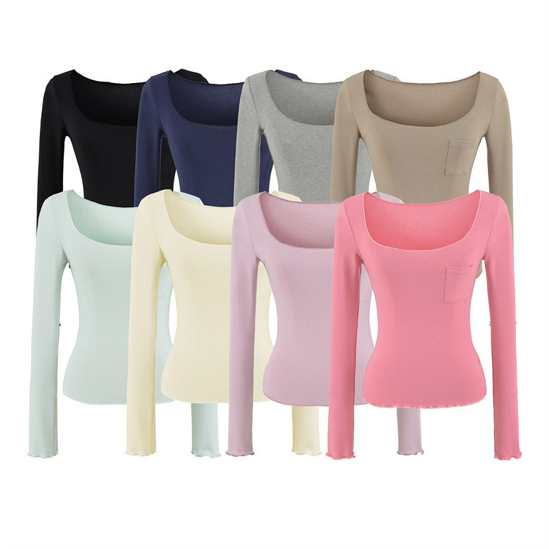 Korean-style pocket design, large U-neck long-sleeve t-shirt for women, new autumn collection, age-reducing, slim-fit, basic top for a pure and sexy look Korean-style pocket design, large U-neck long-sleeve t-shirt for women, new autumn collection, age-reducing, slim-fit, basic top for a pure and sexy look