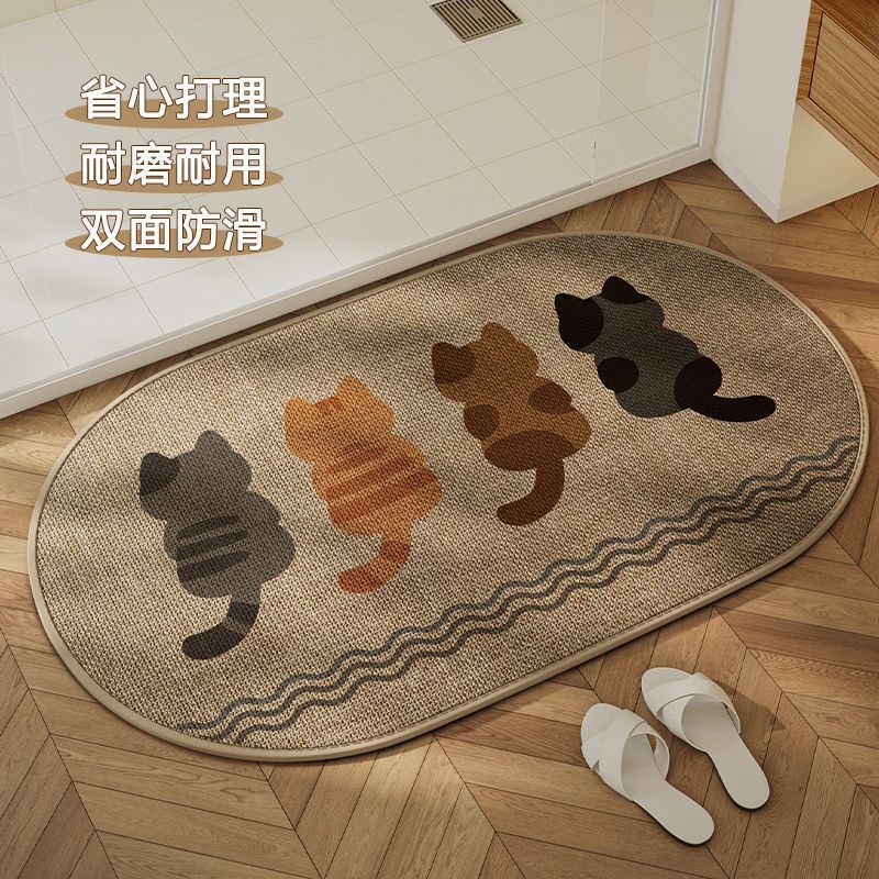 卡通小猫浴室地垫亚麻硅藻泥吸水速干脚垫耐脏易打理地垫防滑垫子|undefined