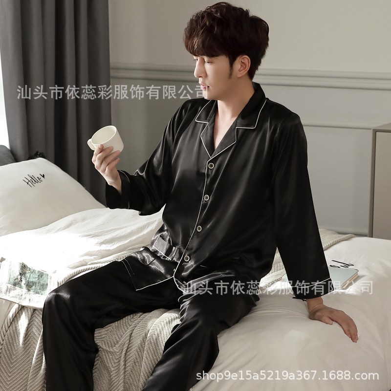 YIRUICAI 봄과 가을 남성 잠옷 긴팔 얼음 실크 얇은 가디건 대형 검은 옷깃 여름 실크 가정복