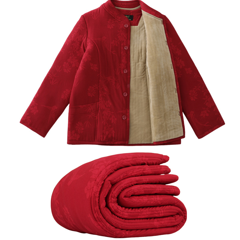 중년 및 노인 기모 두꺼워지고 뚱뚱한 카멜 양모가 붉은 세트 따뜻합니다. 연도면 패딩 코트면 패딩 팬츠면 패딩 재킷 가정용 옷