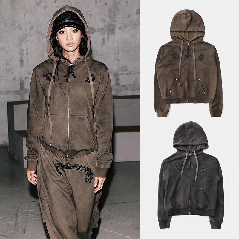 Badblood American-Style Hooded Zip-Up Sweatshirt Unisex Streetwear Heavy-Duty Loose Casual Vintage Tie-Dye Jacket