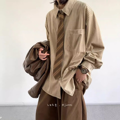 春秋日本系レトロ長袖ストライプシャツ男女カップル