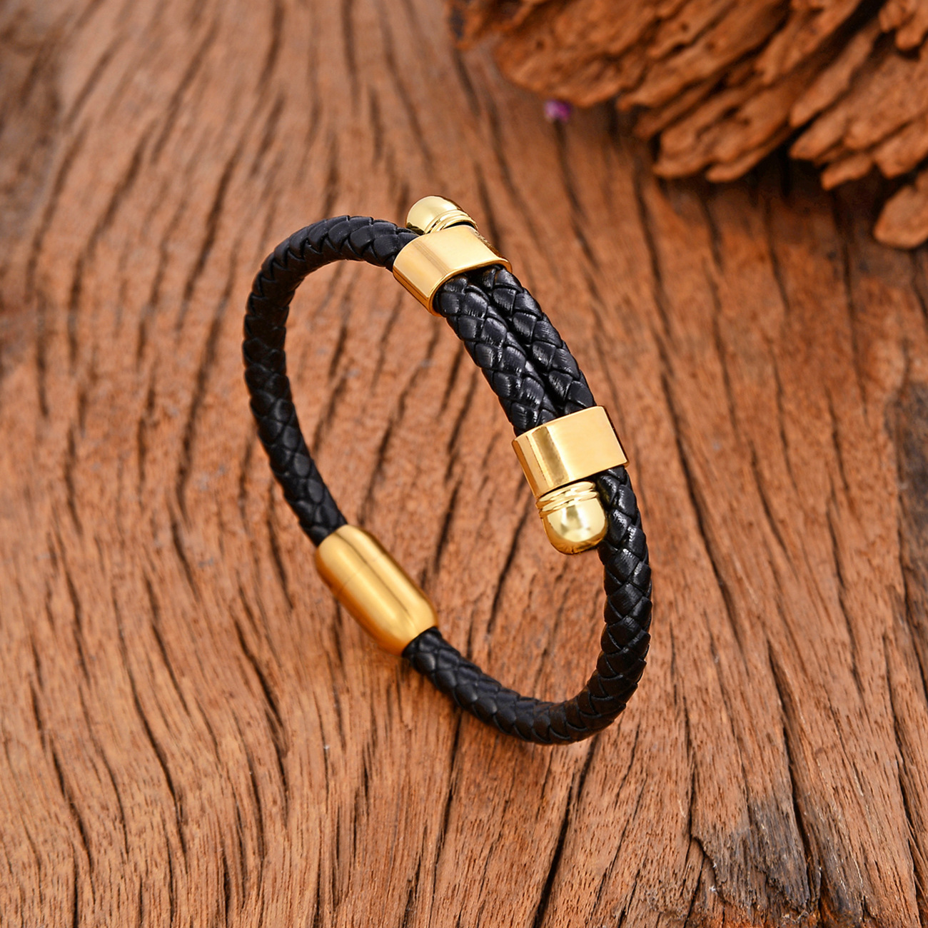 19g Weight Bangle Classification Retro Punk Solid Color 304 Stainless Steel Pu Leather Men's Bangle Men Cord & Leather Bracelets