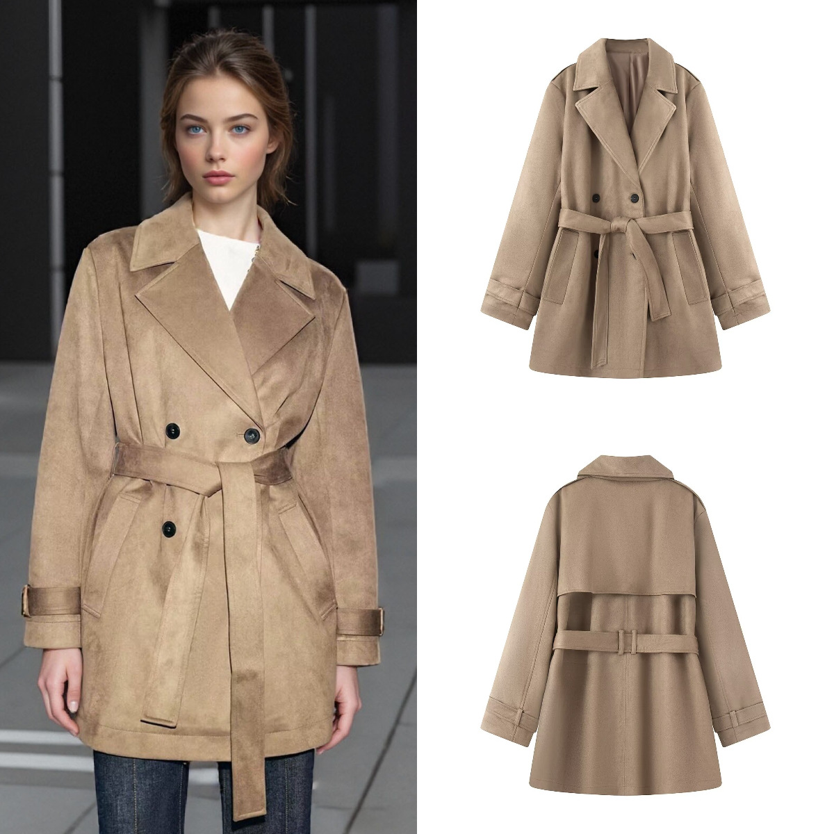 za跨境外贸现货欧美风女装冬季新款时尚翻领口袋饰反绒皮效果风衣