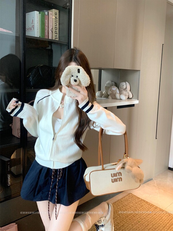 College Style Stand Collar Contrasting Color Long-Sleeved Knitwear for Women 2025 Autum New Design Slim Zipper Sweet and Spicy Jacket