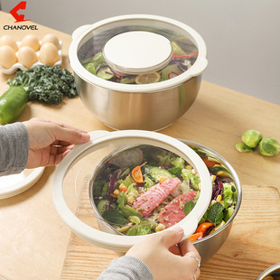 304 Salad Bowl Silicone Bottom Non-Slip with Transparent Lid Baking Salad Basin Set 304 Stainless Steel Multi-Purpose Egg Beater