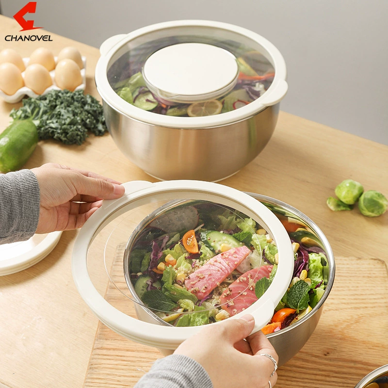 304 салатница с силиконовым дном, нескользящая с прозрачной крышкой, набор мисок для выпечки салатов, универсальная миска для взбивания яиц из нержавеющей стали 304