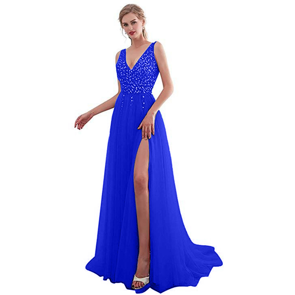 Vestido largo de noche con lentejuelas, abertura, escote en V pronunciado y espalda descubierta, estilo celebridad, de la nueva colección europea y americana de Amazon para mujer, 2025.