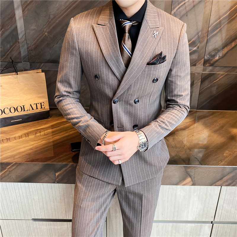 Men's Suit Set, Korean Style Slim Fit Vertical Striped Double-Breasted Men's Suit Three-Piece Formal Wear Light Business Suit
