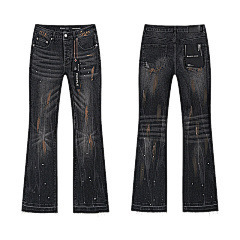 Cross-Border Exclusive Foreign Trade Purple Trendy High Street Ripped Patch Retro Flared Washed Denim Jeans for Men