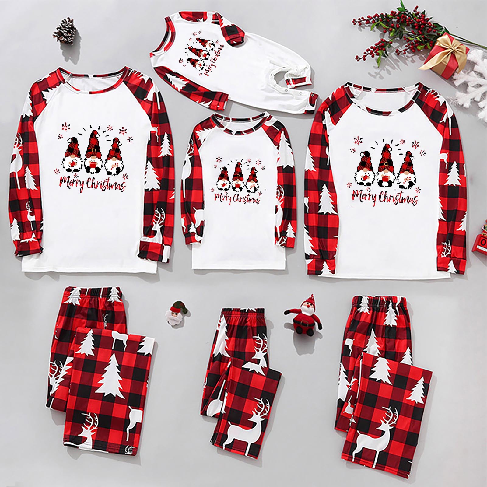 Christmas Family Pajamas Set with Plaid and Printed Patchwork Design - Perfect for Cozy Nights at Home
